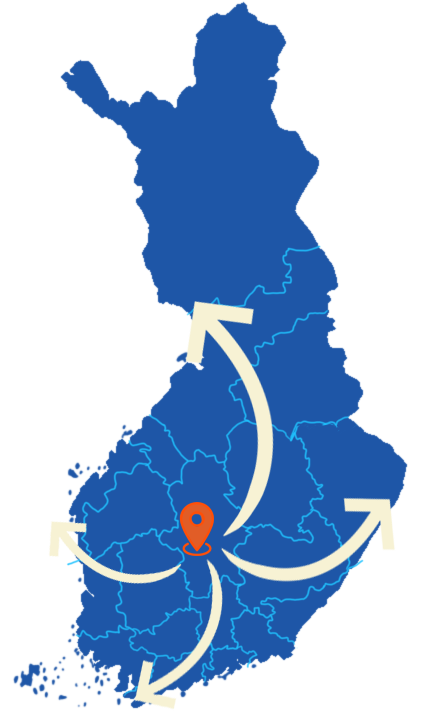 Palvelemme koko Suomessa – sijainti Keski-Suomessa ja suuntanuolet